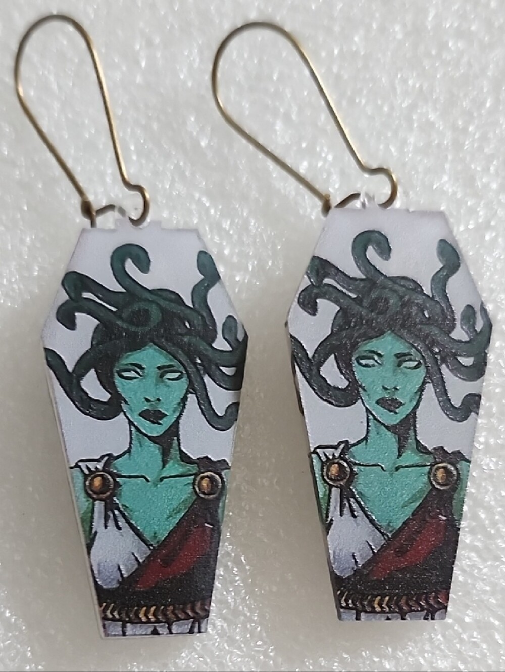 Hand Crafted Medusa Coffin Drop Earrings in Teal and Black